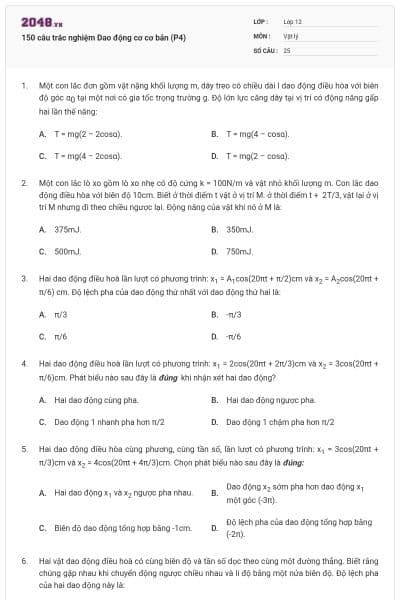 150 câu trắc nghiệm Dao động cơ cơ bản (P4)