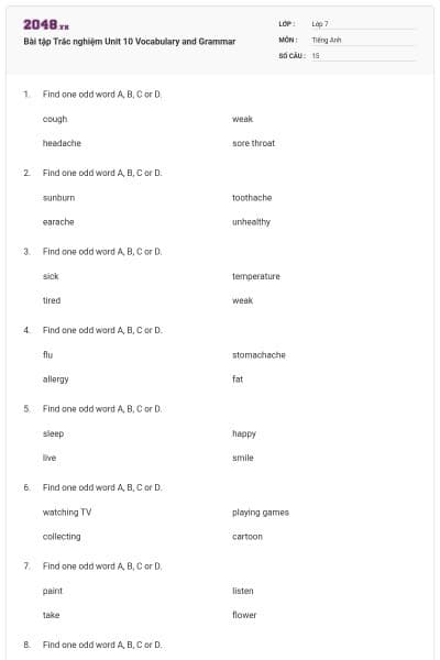 Bài tập Trắc nghiệm Unit 10 Vocabulary and Grammar