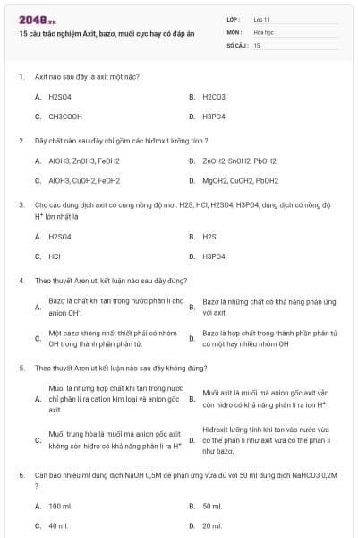 15 câu trắc nghiệm Axit, bazơ, muối cực hay có đáp án