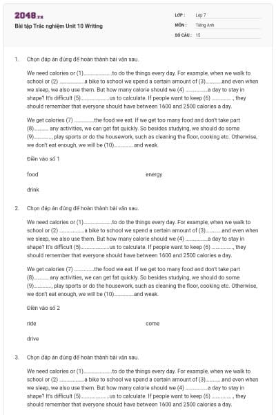 Bài tập Trắc nghiệm Unit 10 Writing