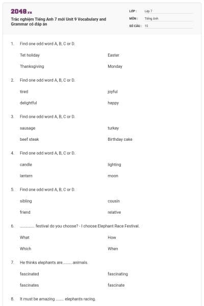 Trắc nghiệm Tiếng Anh 7 mới Unit 9 Vocabulary and Grammar có đáp án