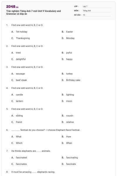 Trắc nghiệm Tiếng Anh 7 mới Unit 9 Vocabulary and Grammar có đáp án