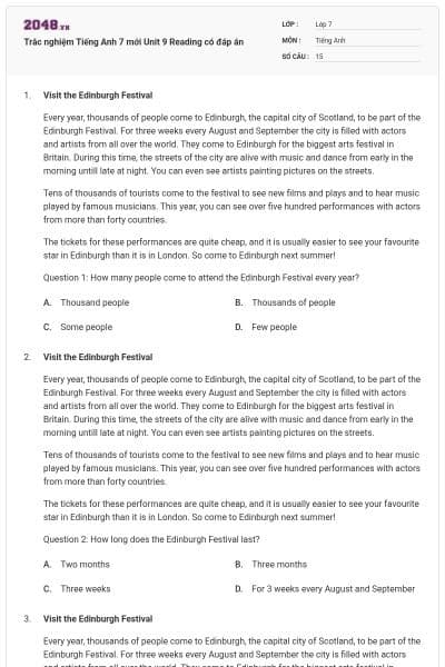 Trắc nghiệm Tiếng Anh 7 mới Unit 9 Reading có đáp án