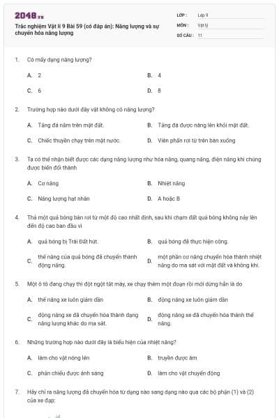 Trắc nghiệm Vật lí 9 Bài 59 (có đáp án): Năng lượng và sự chuyển hóa năng lượng