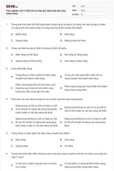 Trắc nghiệm Vật lí 9 Bài 60 (có đáp án): Định luật bảo toàn năng lượng