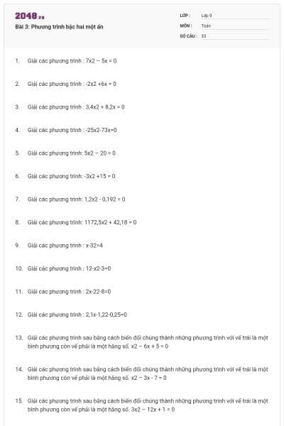 Bài 3: Phương trình bậc hai một ẩn