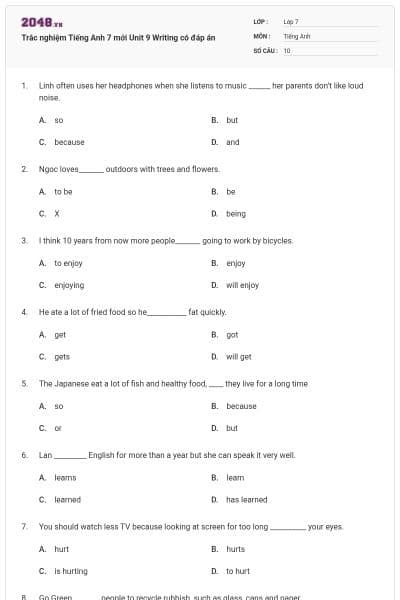 Trắc nghiệm Tiếng Anh 7 mới Unit 9 Writing có đáp án