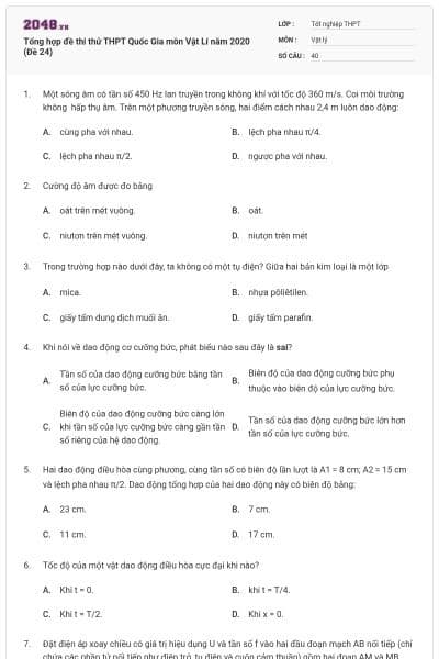 Tổng hợp đề thi thử THPT Quốc Gia môn Vật Lí năm 2020 (Đề 24)