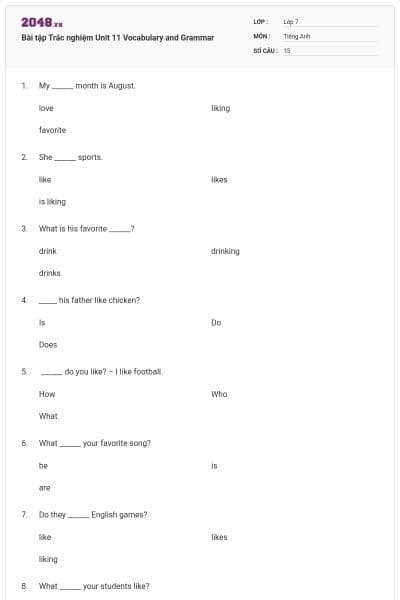 Bài tập Trắc nghiệm Unit 11 Vocabulary and Grammar