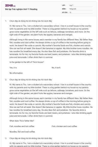 Bài tập Trắc nghiệm Unit 11 Reading