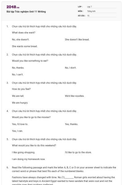 Bài tập Trắc nghiệm Unit 11 Writing