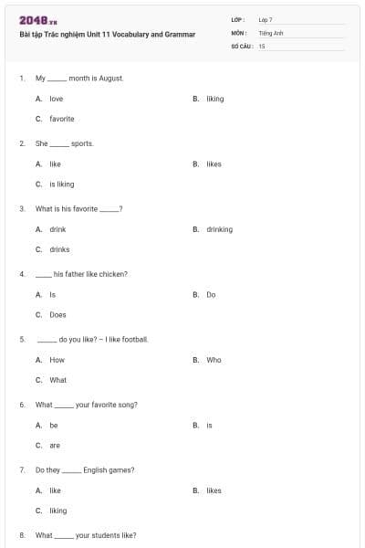 Bài tập Trắc nghiệm Unit 11 Vocabulary and Grammar