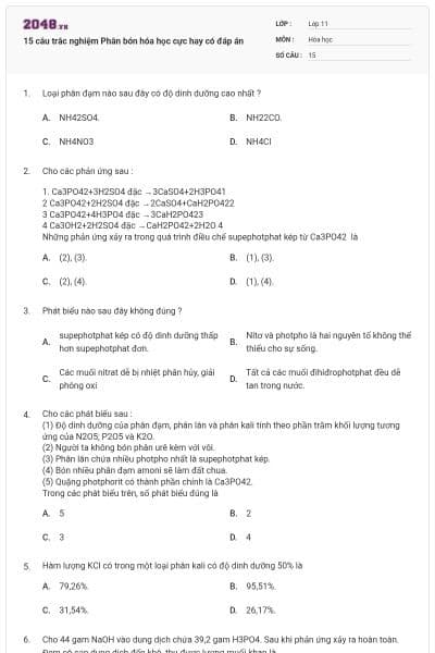 15 câu trắc nghiệm Phân bón hóa học cực hay có đáp án