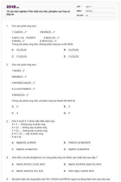 16 câu trắc nghiệm Tính chất của nitơ, photpho cực hay có đáp án