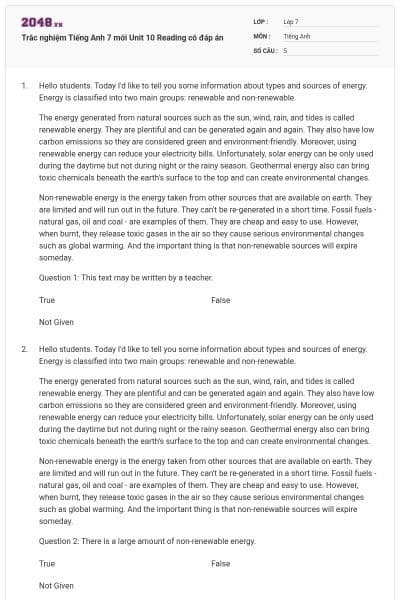 Trắc nghiệm Tiếng Anh 7 mới Unit 10 Reading có đáp án