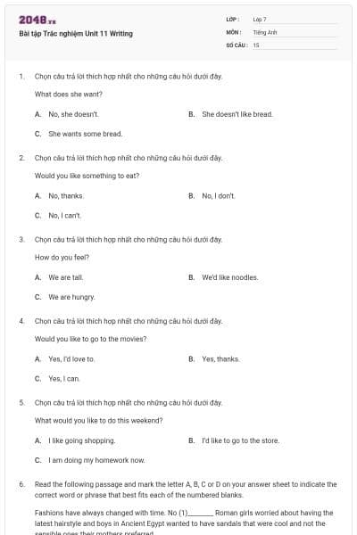 Bài tập Trắc nghiệm Unit 11 Writing