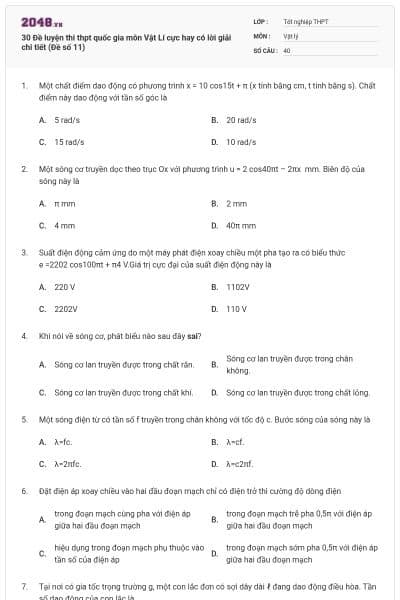 30 Đề luyện thi thpt quốc gia môn Vật Lí cực hay có lời giải chi tiết (Đề số 11)