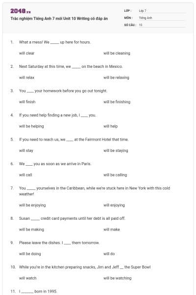 Trắc nghiệm Tiếng Anh 7 mới Unit 10 Writing có đáp án