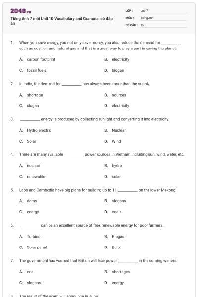 Tiếng Anh 7 mới Unit 10 Vocabulary and Grammar có đáp án