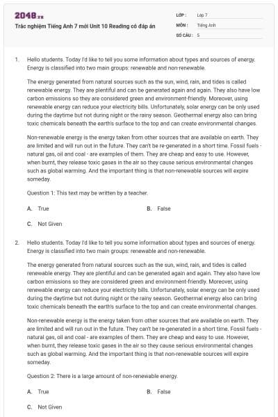 Trắc nghiệm Tiếng Anh 7 mới Unit 10 Reading có đáp án