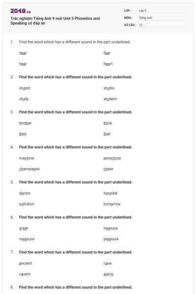 Trắc nghiệm Tiếng Anh 9 mới Unit 5 Phonetics and Speaking có đáp án