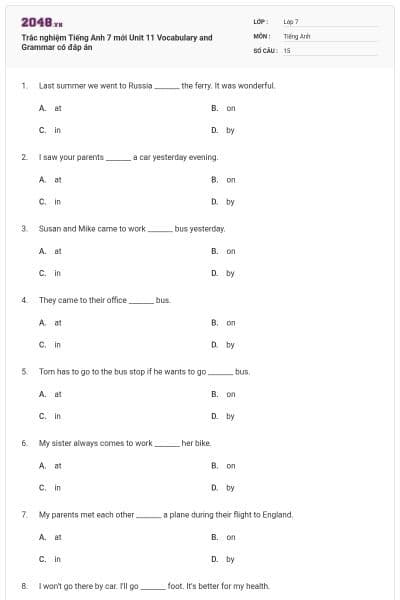 Trắc nghiệm Tiếng Anh 7 mới Unit 11 Vocabulary and Grammar có đáp án