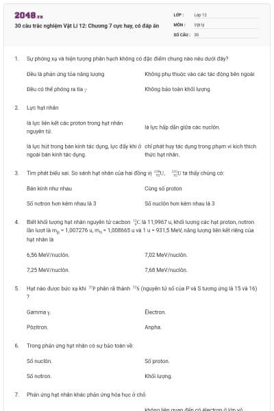 30 câu trắc nghiệm Vật Lí 12: Chương 7 cực hay, có đáp án