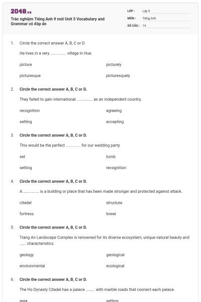 Trắc nghiệm Tiếng Anh 9 mới Unit 5 Vocabulary and Grammar có đáp án