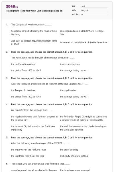 Trắc nghiệm Tiếng Anh 9 mới Unit 5 Reading có đáp án