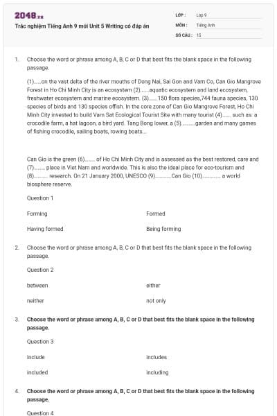 Trắc nghiệm Tiếng Anh 9 mới Unit 5 Writing có đáp án