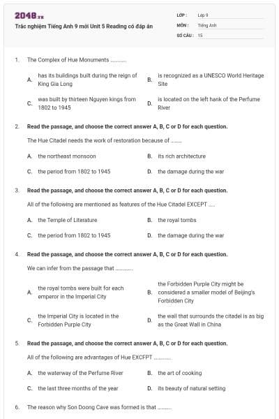 Trắc nghiệm Tiếng Anh 9 mới Unit 5 Reading có đáp án