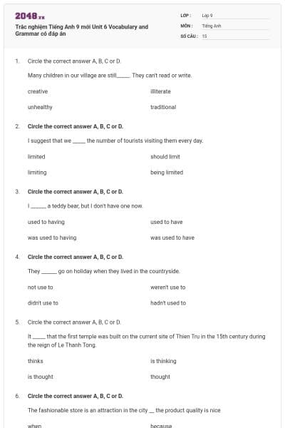 Trắc nghiệm Tiếng Anh 9 mới Unit 6 Vocabulary and Grammar có đáp án