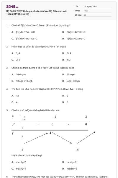 Bộ Đề thi THPT Quốc gia chuẩn cấu trúc Bộ Giáo dục môn Toán 2019 (Đề số 10)