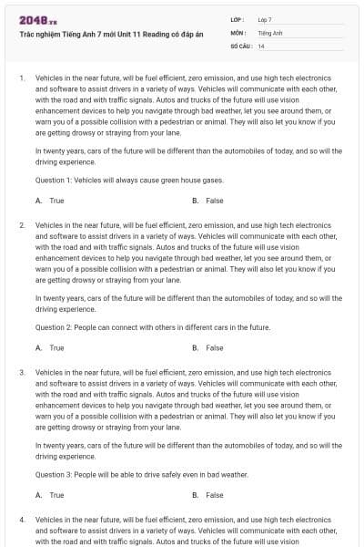 Trắc nghiệm Tiếng Anh 7 mới Unit 11 Reading có đáp án