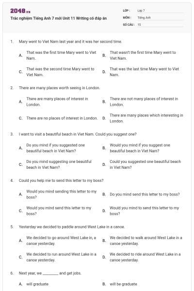Trắc nghiệm Tiếng Anh 7 mới Unit 11 Writing có đáp án