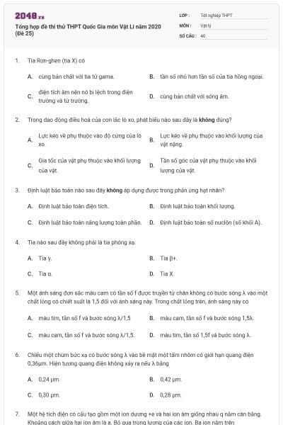 Tổng hợp đề thi thử THPT Quốc Gia môn Vật Lí năm 2020 (Đề 25)