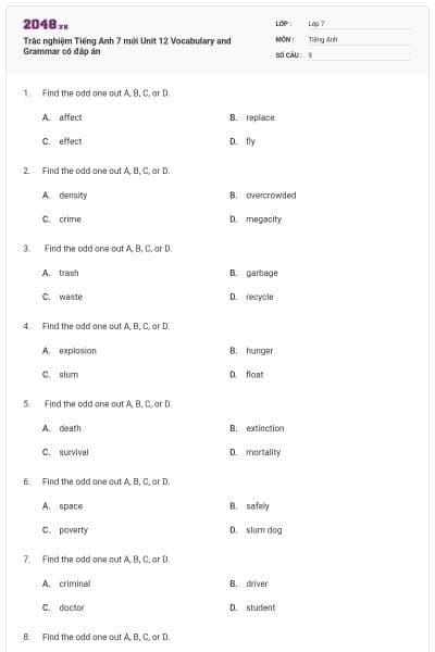 Trắc nghiệm Tiếng Anh 7 mới Unit 12 Vocabulary and Grammar có đáp án