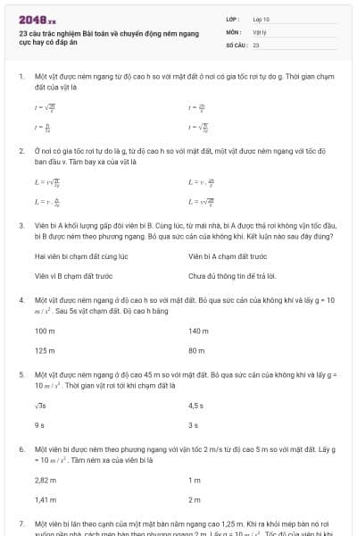 23 câu trắc nghiệm Bài toán về chuyển động ném ngang cực hay có đáp án