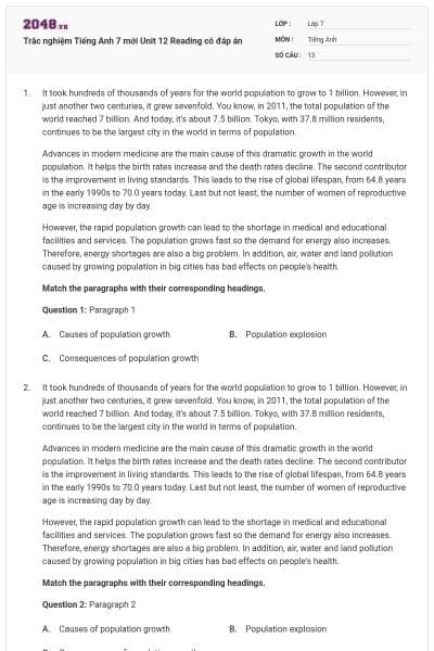 Trắc nghiệm Tiếng Anh 7 mới Unit 12 Reading có đáp án