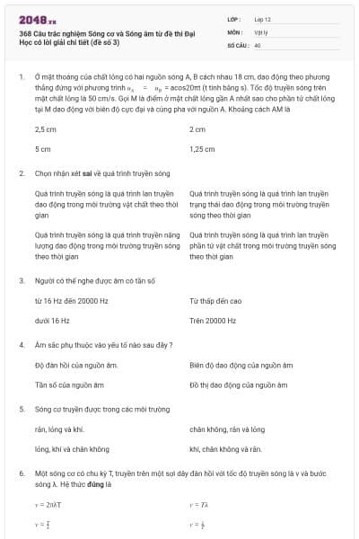 368 Câu trắc nghiệm Sóng cơ và Sóng âm từ đề thi Đại Học có lời giải chi tiết (đề số 3)