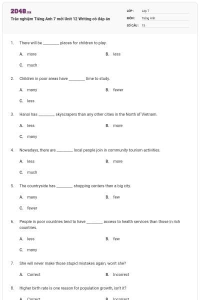 Trắc nghiệm Tiếng Anh 7 mới Unit 12 Writing có đáp án