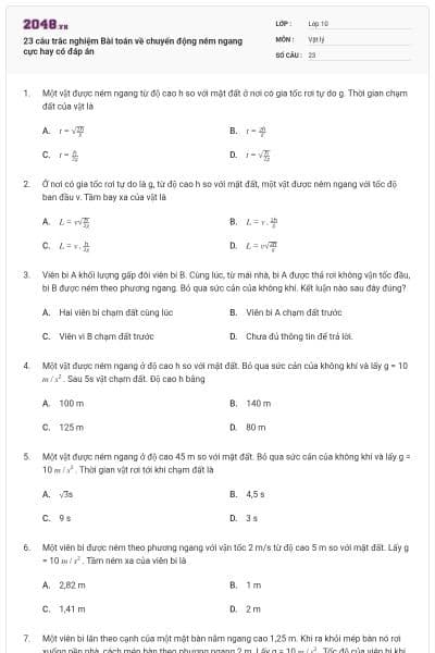 23 câu trắc nghiệm Bài toán về chuyển động ném ngang cực hay có đáp án