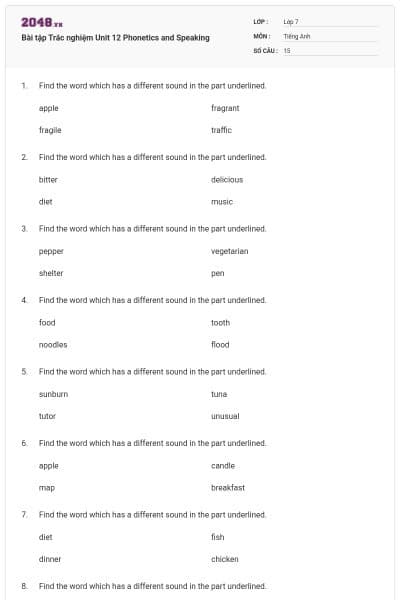 Bài tập Trắc nghiệm Unit 12 Phonetics and Speaking