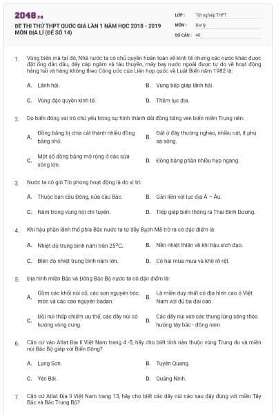 ĐỀ THI THỬ THPT QUỐC GIA LẦN 1 NĂM HỌC 2018 - 2019 MÔN ĐỊA LÍ (ĐẾ SỐ 14)