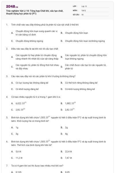 Trắc nghiệm Vật Lí 10: Tổng hợp Chất khí, cấu tạo chất, thuyết động học phân tử (P1)