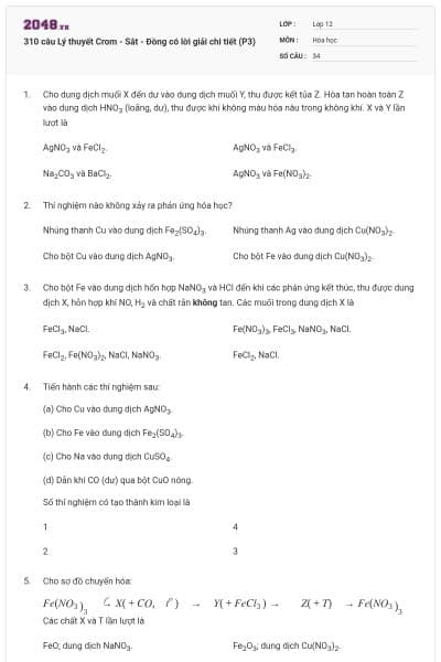 310 câu Lý thuyết Crom - Sắt - Đồng có lời giải chi tiết (P3)