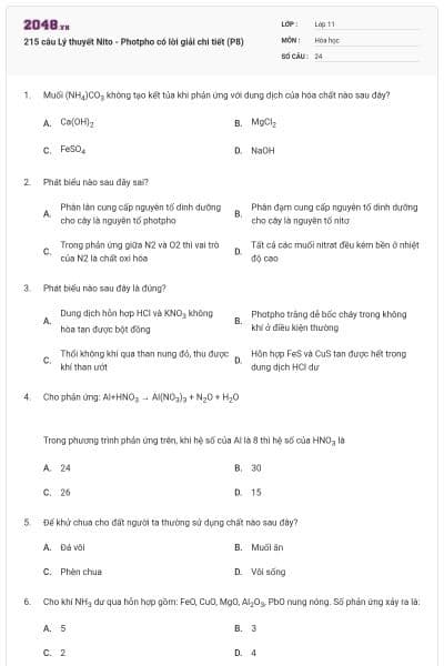 215 câu Lý thuyết Nito - Photpho có lời giải chi tiết (P8)