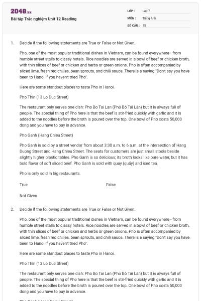 Bài tập Trắc nghiệm Unit 12 Reading