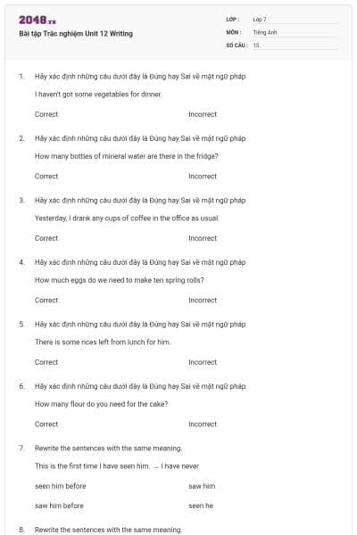 Bài tập Trắc nghiệm Unit 12 Writing