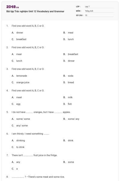 Bài tập Trắc nghiệm Unit 12 Vocabulary and Grammar